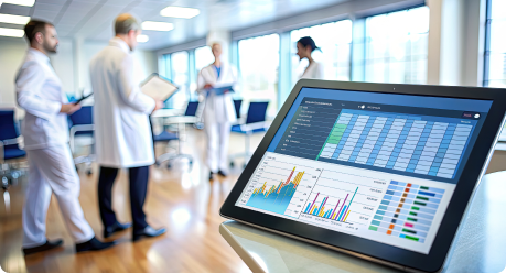 Clinicians walk past a tablet showing practice performance charts