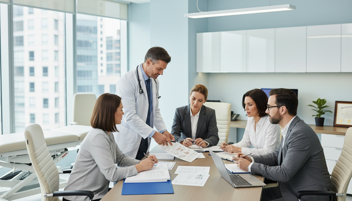 A physician reviews documents with practice leaders around a conference table