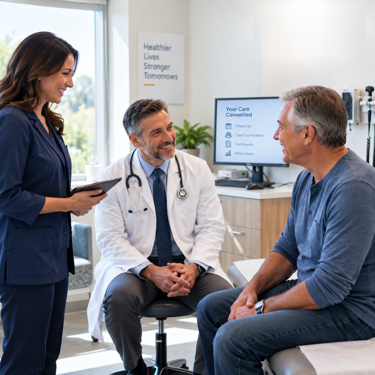 A physician and a care team member talk with a smiling patient during an office visit
