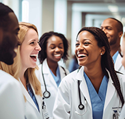 A group of smiling clinicians standing together in a hallway
